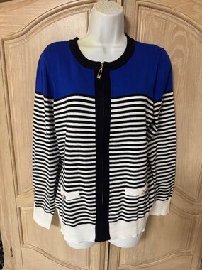 NEW Women's Cobalt Blue and Black Stripe Cardigan Sweater - L